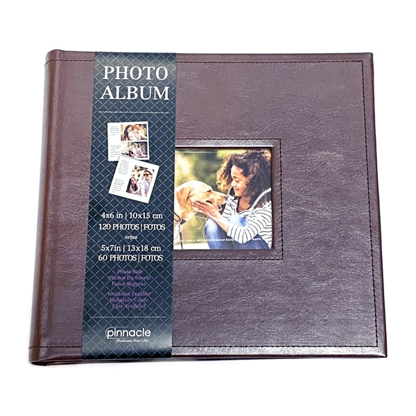 Pinnacle Photo Album Book with Picture Window and Memo Writing Space - Faux Brown Leather Hardcover (9.5" x 8.75", 60 Pages) Holds 4 x 6 Pictures and 5 x 7 Pictures