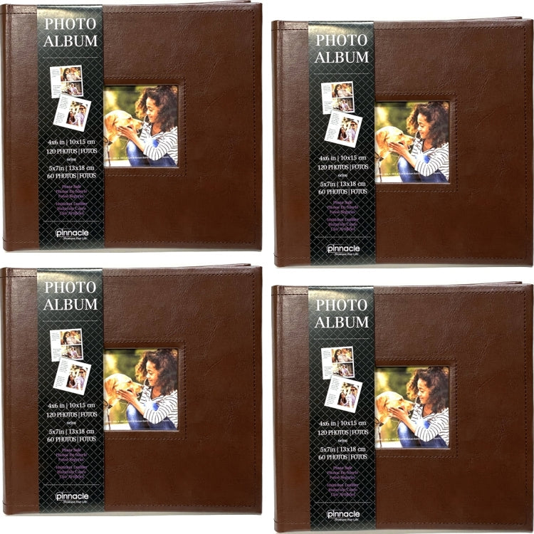 Pinnacle Photo Album Book with Picture Window and Memo Writing Space - Faux Brown Leather Hardcover (9.5" x 8.75", 60 Pages) Holds 4 x 6 Pictures and 5 x 7 Pictures