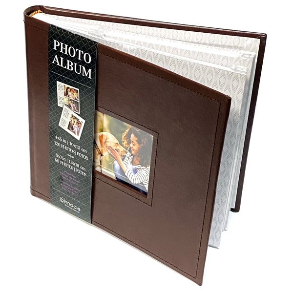 Pinnacle Photo Album Book with Picture Window and Memo Writing Space - Faux Brown Leather Hardcover (9.5" x 8.75", 60 Pages) Holds 4 x 6 Pictures and 5 x 7 Pictures