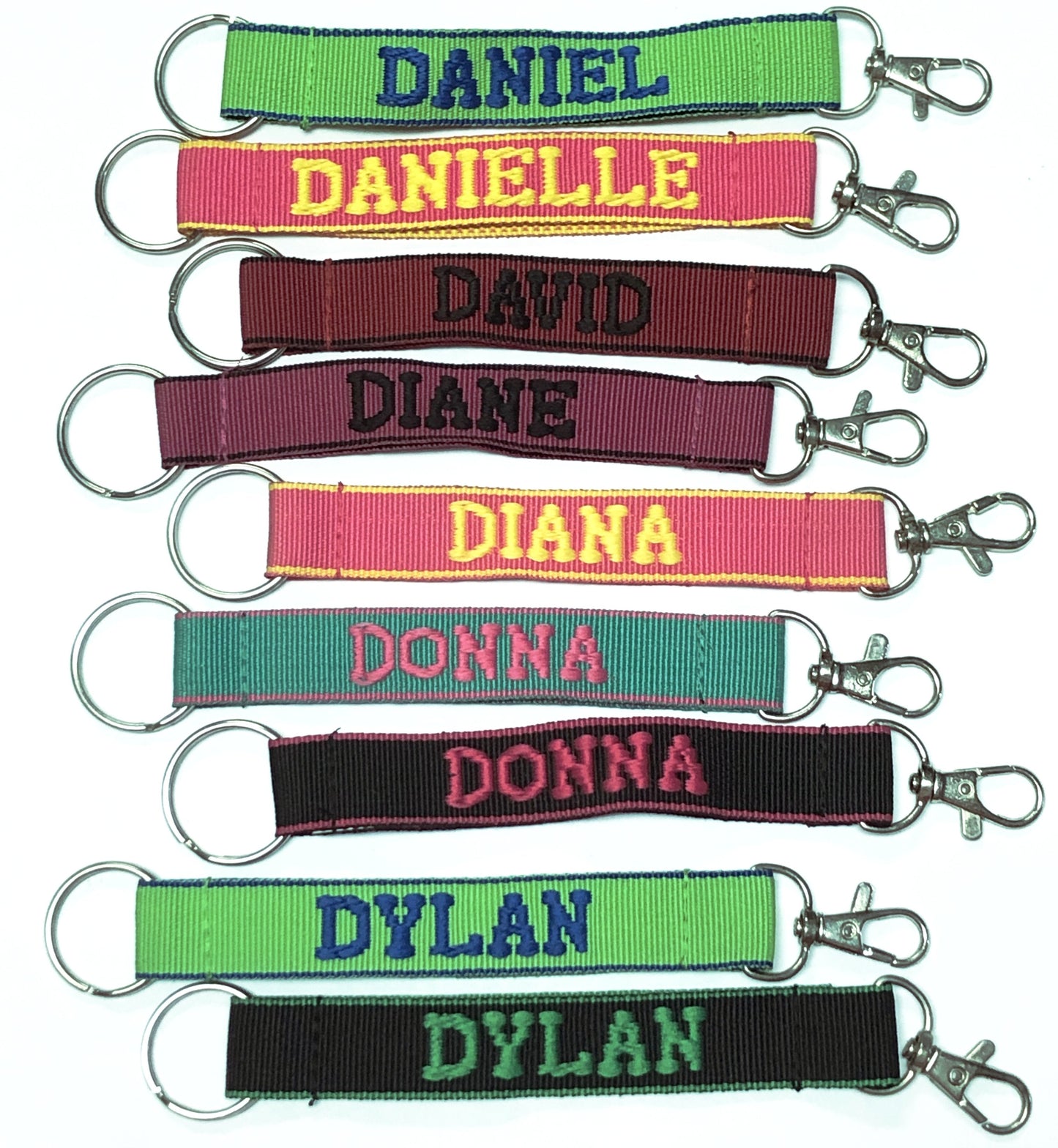 Wholesale Bundle of 100 - Embroidered Novelty Keychains - Nylon Key Strap & Clip (1" x 7.75") Assorted Names & Phrases