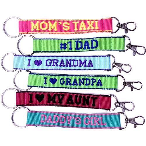 Wholesale Bundle of 100 - Embroidered Novelty Keychains - Nylon Key Strap & Clip (1" x 7.75") Assorted Names & Phrases