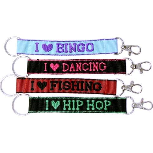 Wholesale Bundle of 100 - Embroidered Novelty Keychains - Nylon Key Strap & Clip (1" x 7.75") Assorted Names & Phrases