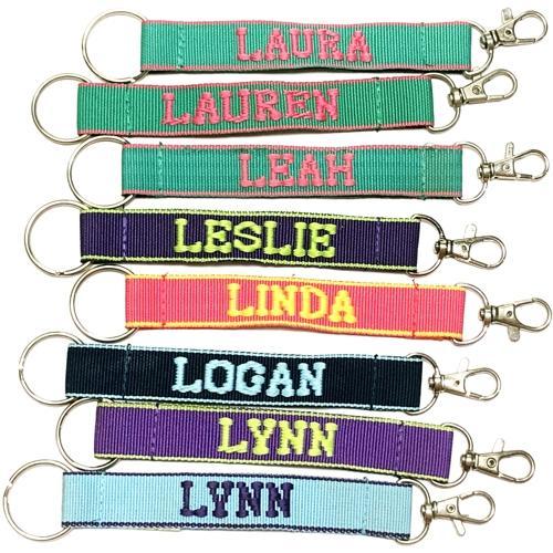 Wholesale Bundle of 100 - Embroidered Novelty Keychains - Nylon Key Strap & Clip (1" x 7.75") Assorted Names & Phrases