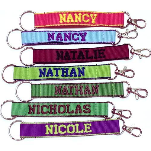 Wholesale Bundle of 100 - Embroidered Novelty Keychains - Nylon Key Strap & Clip (1" x 7.75") Assorted Names & Phrases