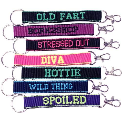 Wholesale Bundle of 100 - Embroidered Novelty Keychains - Nylon Key Strap & Clip (1" x 7.75") Assorted Names & Phrases