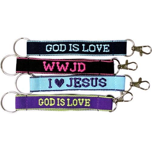 Wholesale Bundle of 100 - Embroidered Novelty Keychains - Nylon Key Strap & Clip (1" x 7.75") Assorted Names & Phrases