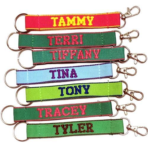 Wholesale Bundle of 100 - Embroidered Novelty Keychains - Nylon Key Strap & Clip (1" x 7.75") Assorted Names & Phrases