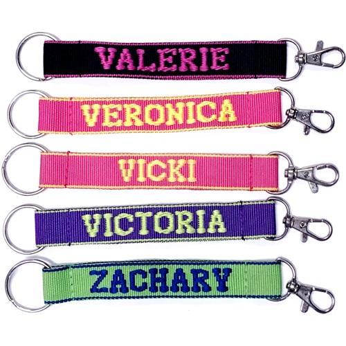Wholesale Bundle of 100 - Embroidered Novelty Keychains - Nylon Key Strap & Clip (1" x 7.75") Assorted Names & Phrases